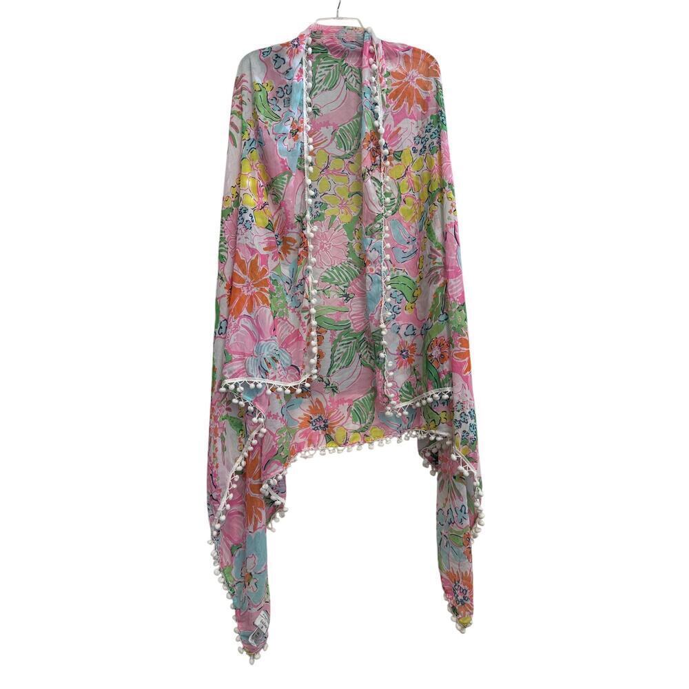 Lilly Pulitzer Pink Blue Green Floral Scarf Wrap Tassel GS